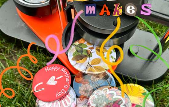 Colourful Mother's Day badges laid out on the grass. Magazine collage text reads 'Marble Makes'