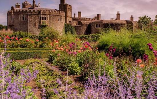 The flower beds filled with pink, purple and orange flowers, with view of Walmer Castle in the background.