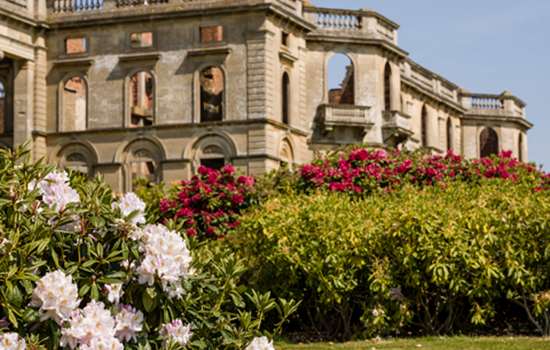 Pink and white flowers blooming in the foreground with Witley Court in the background.